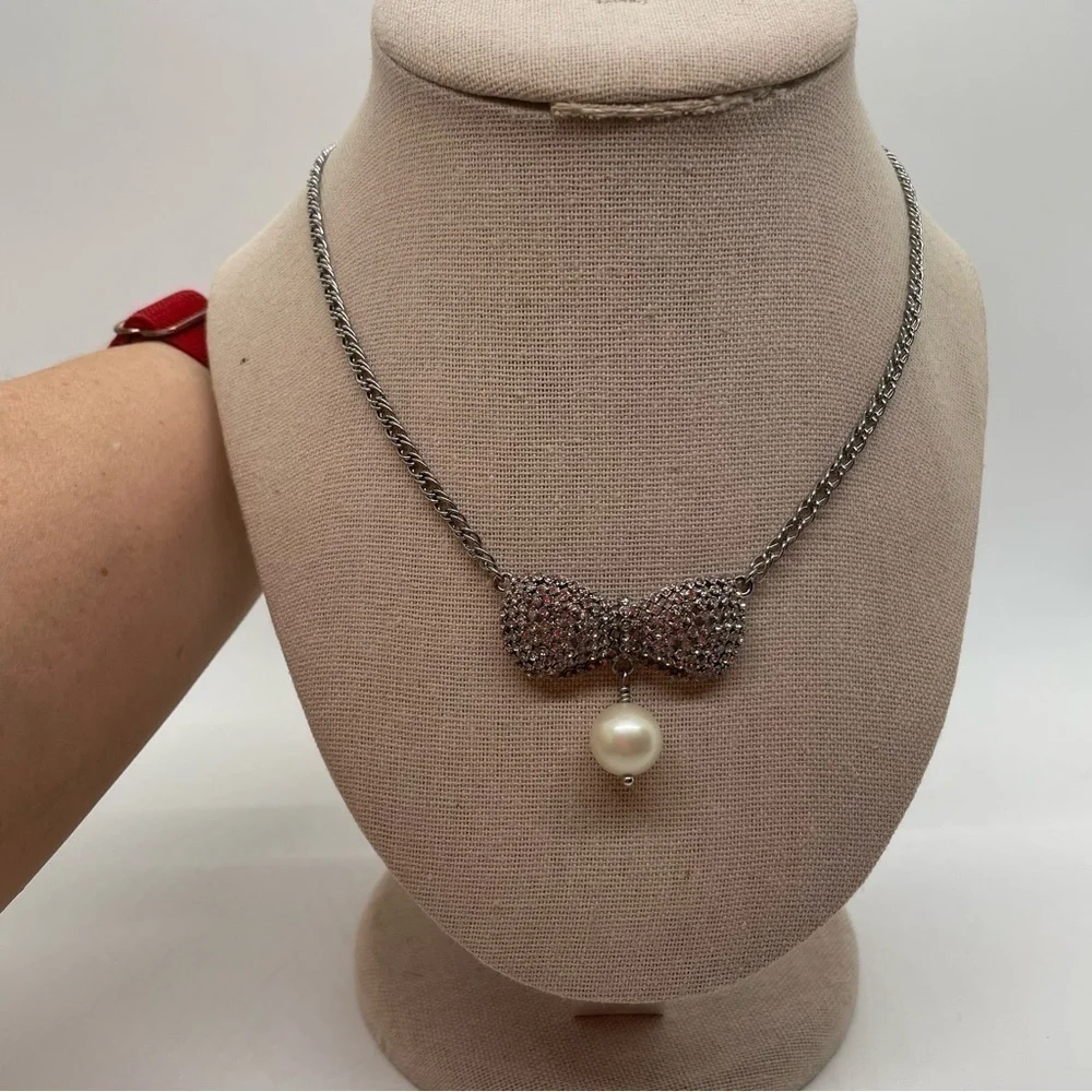 Pave Crystal Rhinestone Bow Tie and Faux Pearl Charm Silver Tone Necklace